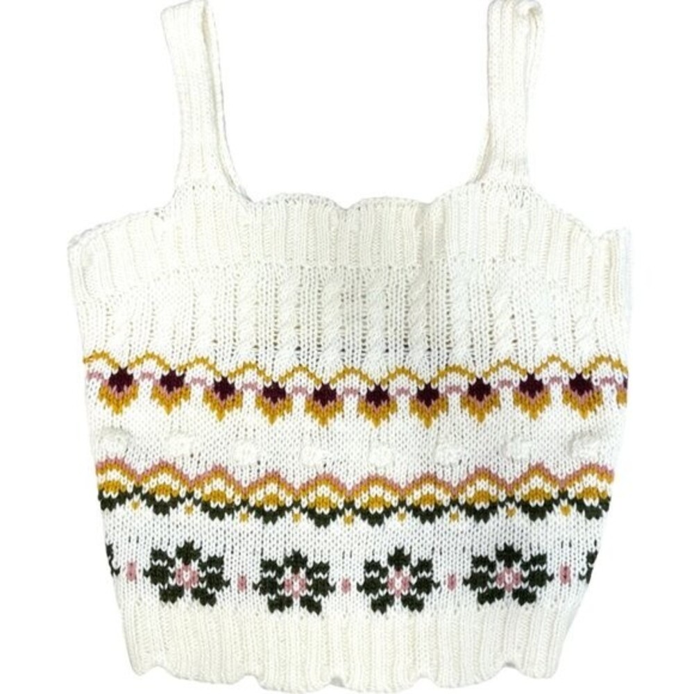 Blu Pepper Juniors Size L Cream Floral Yoke Hand-Knitted Fair Isle Crop Tank Top